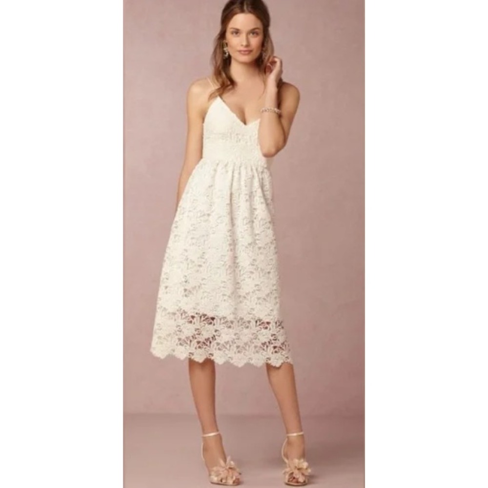 Saylor Reese White Floral Lace Midi Dress Size S V-Neck Spaghetti Strap Bridal
